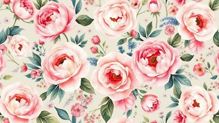  seamless floral pattern with blooming roses, peonies, and wildflowers, soft pastel color palette, watercolor texture, high-detail botanical fabric design, elegant and feminine