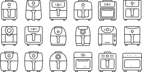 Linear black vector illustrations of air fryer and kitchen appliance designs for culinary, household, and food themes
