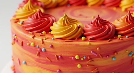 Close up of a colorful decorated cake with frosting and sprinkles isolated