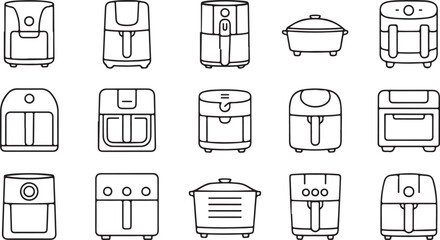 Outline icon collection of air fryer and oven appliances representing modern cooking technology and home devices
