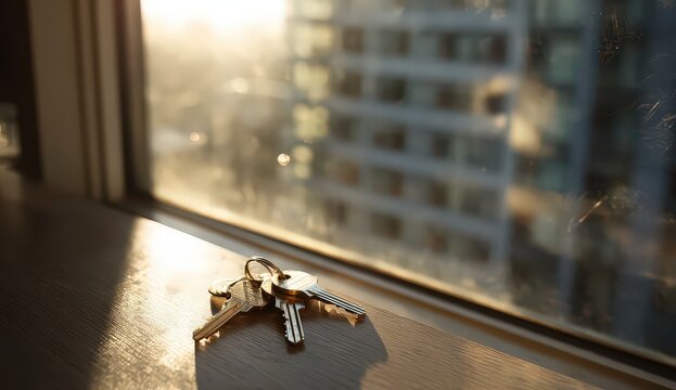 Close Up Of A Bunch Of Keys Resting On A Window Sill With Cityscape View And Golden Light - Powered by Adobe