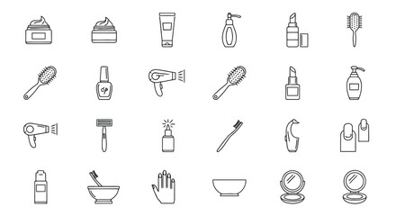 Black and white line art of various cosmetic and personal care products