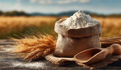 Close Up Of A Flour Sack With Wooden Spoon And Wheat Stalks On A Wooden Table With Wheat Field Background
