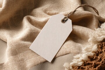 Blank White Tag Mockup on Beige Fabric Background Close-up