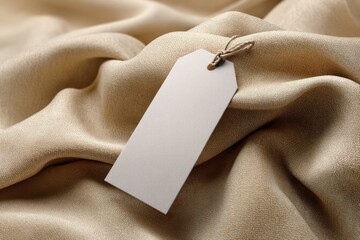 Blank White Tag Mockup on Beige Fabric Background Close-up