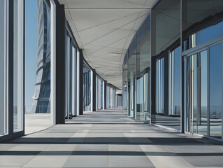 Obraz premium Modern Architectural Study of a Realistic Corridor with Glass Facade and Reflective Surfaces