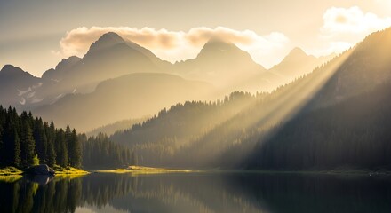 Misty Mountain Sunrise Reflected in a Tranquil Lake