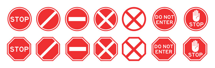 Red stop sign with different styles isolated on white background vector eps 10