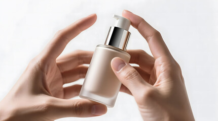 A pair of hands delicately holds a frosted glass airless pump bottle, emphasizing the sleek, high-end cosmetic packaging.