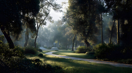 Naklejka premium Serene Morning Light in a Quiet Park Landscape with Lush Greenery and Misty Atmosphere