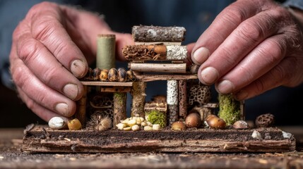 Close-Up of Hands Constructing a Microhabitat with Natural Materials