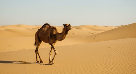 Camel walking across sandy desert landscape under clear blue sky