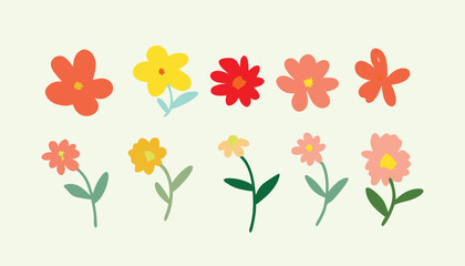 Collection of ten colorful hand drawn simple flower illustrations on a white background.
