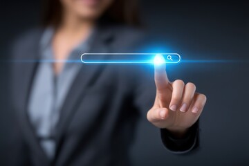 Businesswoman Interacting with Virtual Search Bar on Digital Interface