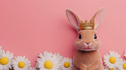 Obraz premium Adorable 3D Rendering of a Baby Rabbit Wearing a Crown Surrounded by Daisies on a Pink Background