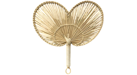 Antique handcrafted woven palm leaf fan with decorative handle