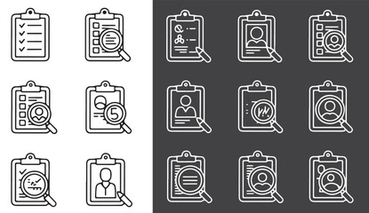 Collection of minimalist outline clipboard icons for checklist, document review, and HR management tasks in black and white style