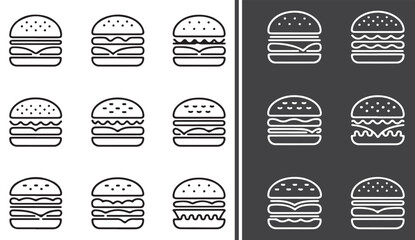 Outline burger icon set featuring beef, cheese, lettuce, and layered sandwiches &mdash; perfect for menu design, cafe signage, and fast food promotions.