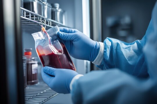 Medical Professional Handling Blood Bag in Laboratory Refrigerator
