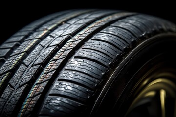 Close-up of New Car Tire on Black with Copy Space
