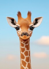 Obraz premium Adorable 3D Render of Baby Giraffe with Big Eyes Against a Bright Blue Sky Background
