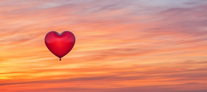 Heart-Shaped Balloon Floating Against a Beautiful Sunset Sky, Symbolizing Love and Romance in Colors - Powered by Adobe
