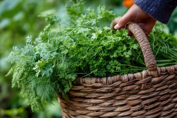Fototapeta premium Close-up of Hand Holding Basket of Fresh Parsley and Dill