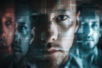 Man with Digital Face Grid Overlay Representing Deep Fake Technology