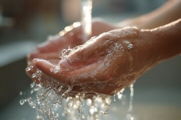 Fototapeta premium Close-up of Person Washing Hands with Soap Under Running Water