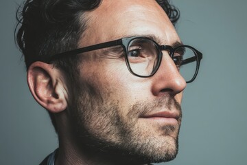 Close-up of Calm Professional Man in Glasses on Grey