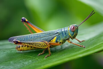 Close-up of Grasshopper Resting on Leaf in Natural Habitat
