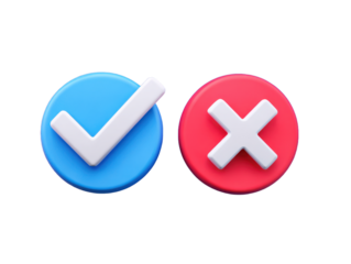 3D Rendered Checkmark and Cross Icons, Depicting Acceptance and Rejection, Over Transparent Background for Modern UI/UX Design