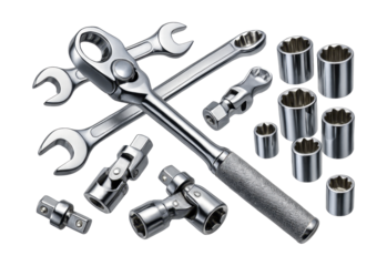 Mechanic's tool set with flexible ratchet head and universal joints for workshops.