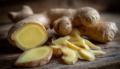 Close Up of Fresh Ginger Root and Sliced Pieces on a Rustic Wooden Surface with Warm Lighting