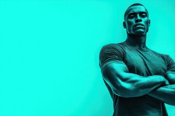 Confident Male Athlete with Crossed Arms on Cyan Background