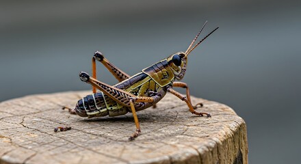 Close up of a grasshopper perched on a weathered wooden surface