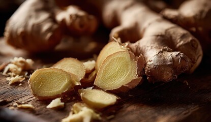 Close Up Of Ginger Root Slices And Whole Root On A Dark Wooden Surface With Selective Focus