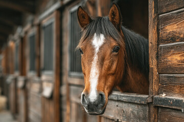 Fototapeta premium Modern clean stable with a horse in the background showing a tranquil equine environment