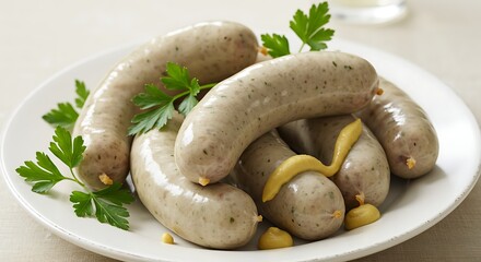 Close up of cooked sausages on a white plate with garnish