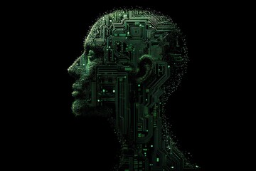 Digital Human Head Silhouette with Circuit Board Pattern