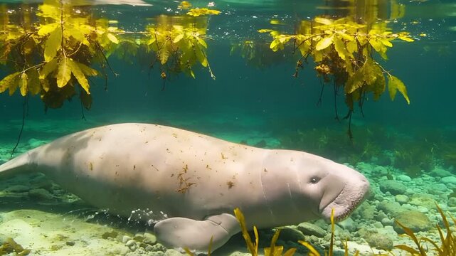 クリアな川を泳ぐアマゾンマナティ　水中に差し込む太陽光