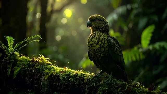 苔むした枝に止まるカカポ　森の薄明かりと羽の質感