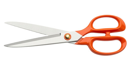 Isolated orange-handled scissors for crafts, school supplies, or office needs, angled view
