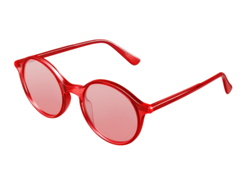 Elegant Red-Rimmed Round Sunglasses with Transparent Pink Lenses: Stylish Summer Eyewear for Sun Protection, Modern Fashion Accessory on Clear Background, Isolated Image