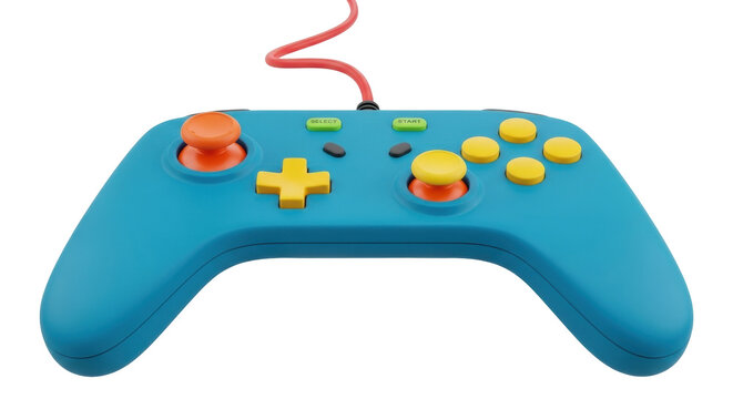 Isolated Blue and Orange Gamepad with Buttons for Vintage Video Game Console and Cord