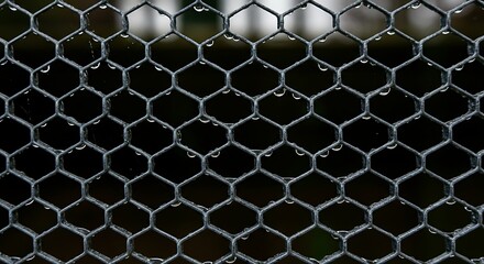 Close up of a hexagonal metal mesh with water droplets abstract background