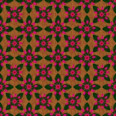 Geometric Floral Pattern with Magenta Petals and Green Leaves on Textured Brown Fabric Background