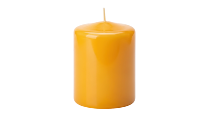 Isolated yellow candle with short wick, a cylindrical shape and smooth texture design