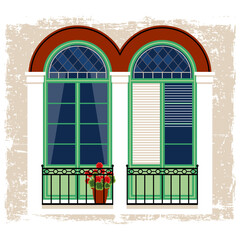 double window with stained glass and blinds, made in flat style and highlighted on white background. detail of traditional house in Central America and Cuba. stock vector illustration. EPS 10
