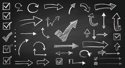 Chalkboard arrows and checkmarks set for directional design elements